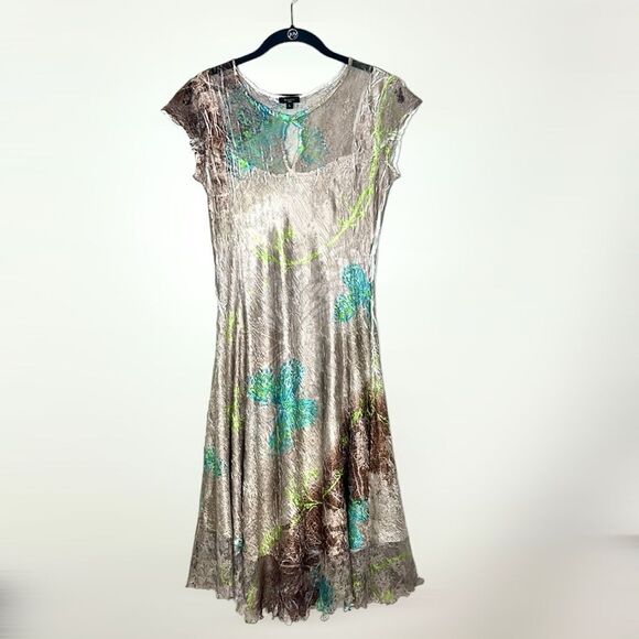 Komarov Signature Crinkle Shiny Dress Butterfly Print Fit & Flare Cap Sleeves L - Picture 11 of 15